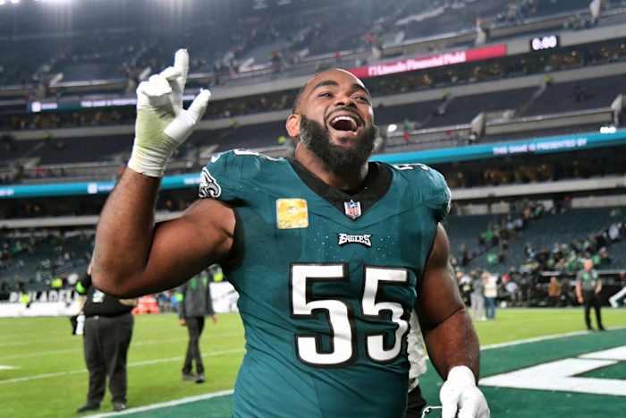 Nov 5, 2023; Philadelphia, Pennsylvania, USA; Philadelphia Eagles defensive end Brandon Graham (55) runs off the field after win against the Dallas Cowboys at Lincoln Financial Field.